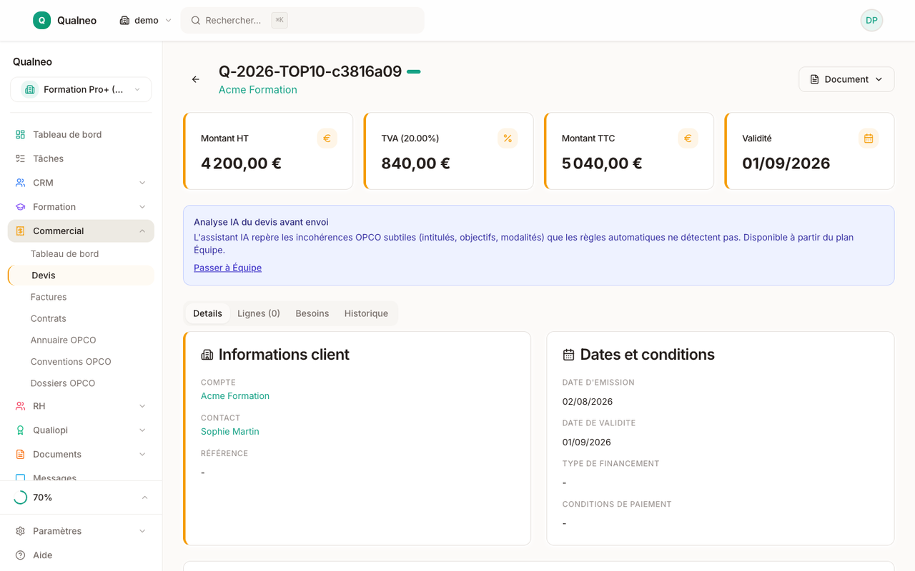 Détail d'un devis accepté avec lignes, conditions et signature électronique
