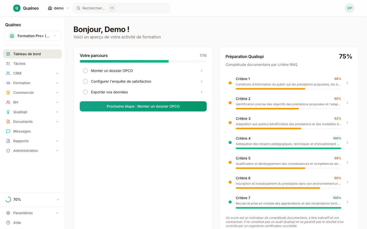 Dashboard d'accueil Qualneo : KPI globaux, raccourcis et activité récente du tenant