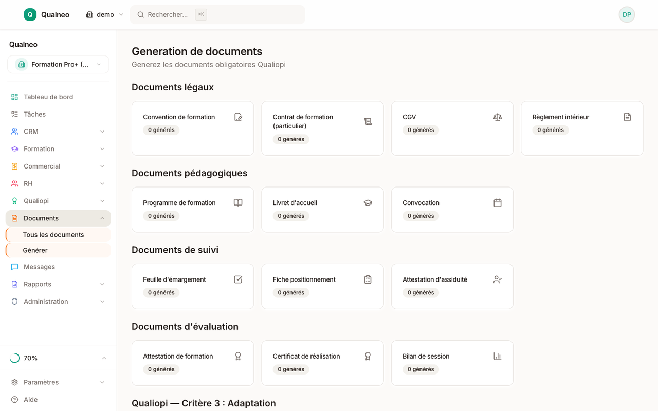 Générateur de document avec sélection de la session, du stagiaire et du modèle