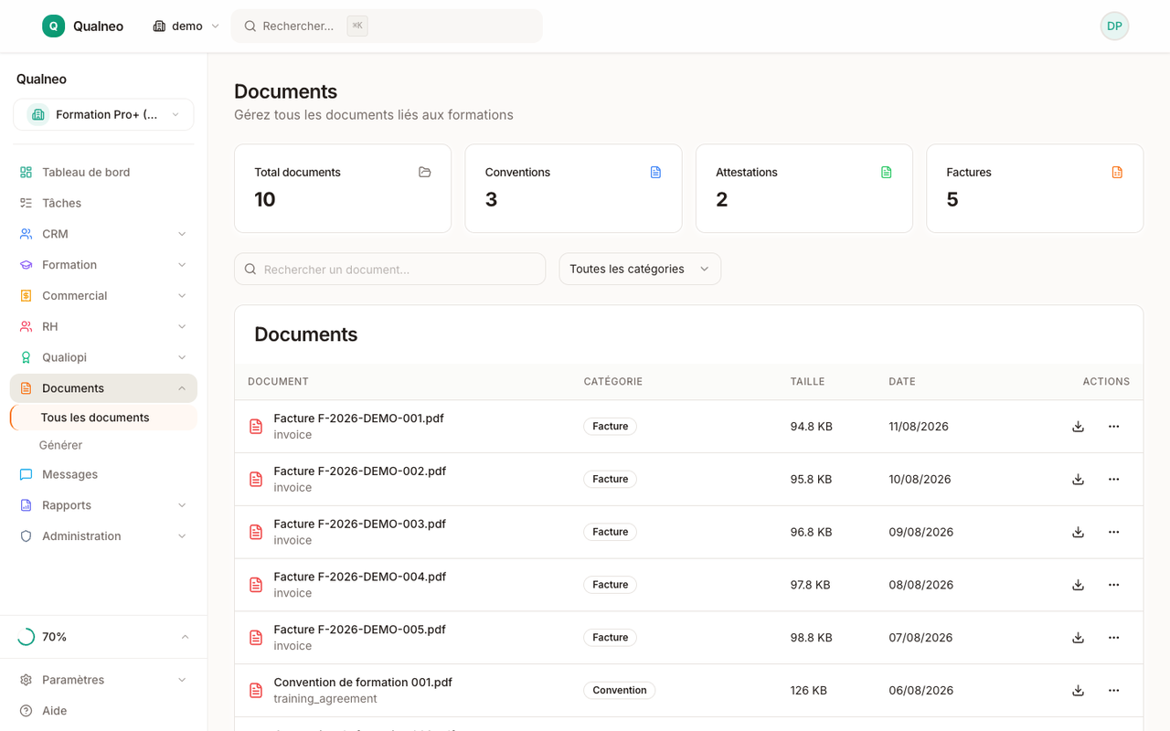 Page documents Qualneo : 11 modèles disponibles avec aperçu et bouton de génération
