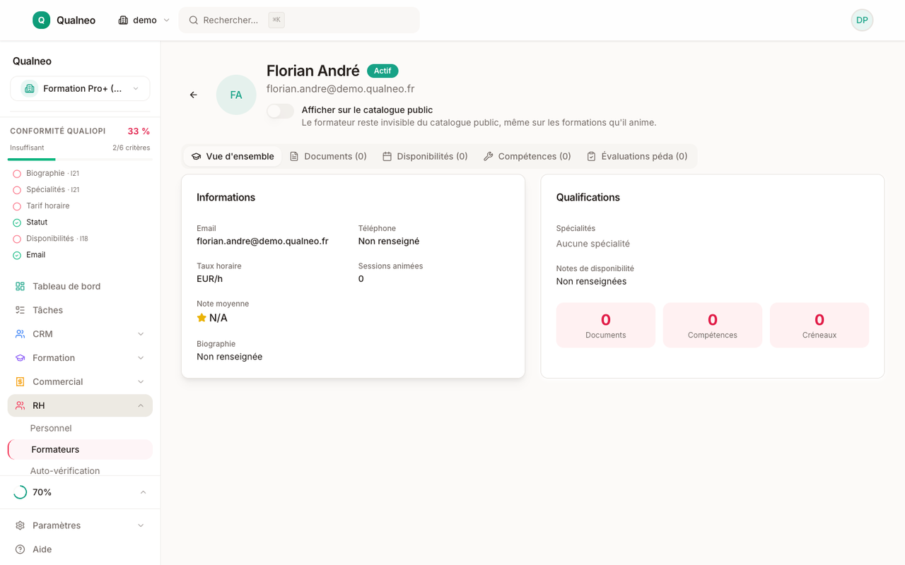 Fiche formateur avec compétences, sessions animées et évaluations stagiaires
