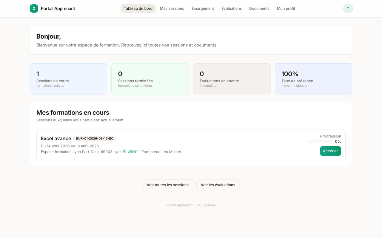 Espace stagiaire Qualneo : sessions inscrites, documents, évaluations et émargements