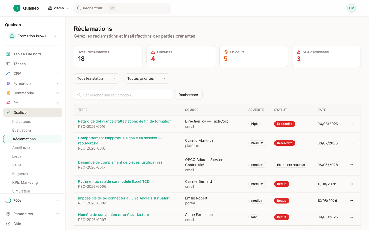 Réclamations stagiaires — workflow ouverture, traitement, action corrective