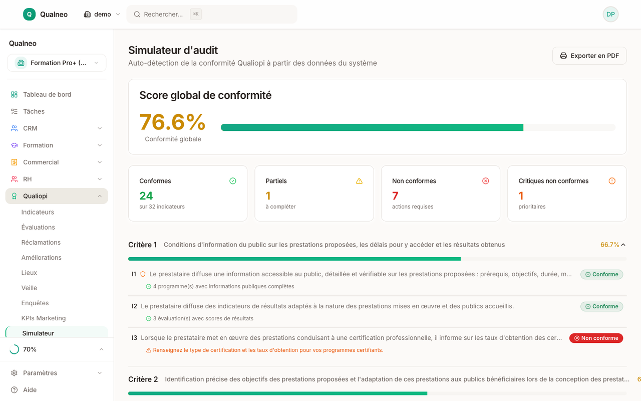 Simulateur d'audit Qualiopi — score actuel, points à corriger, plan d'action