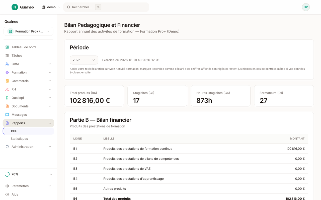 Bilan Pédagogique et Financier Qualneo : heures, ventilation NSF, statuts stagiaires, prêt à exporter