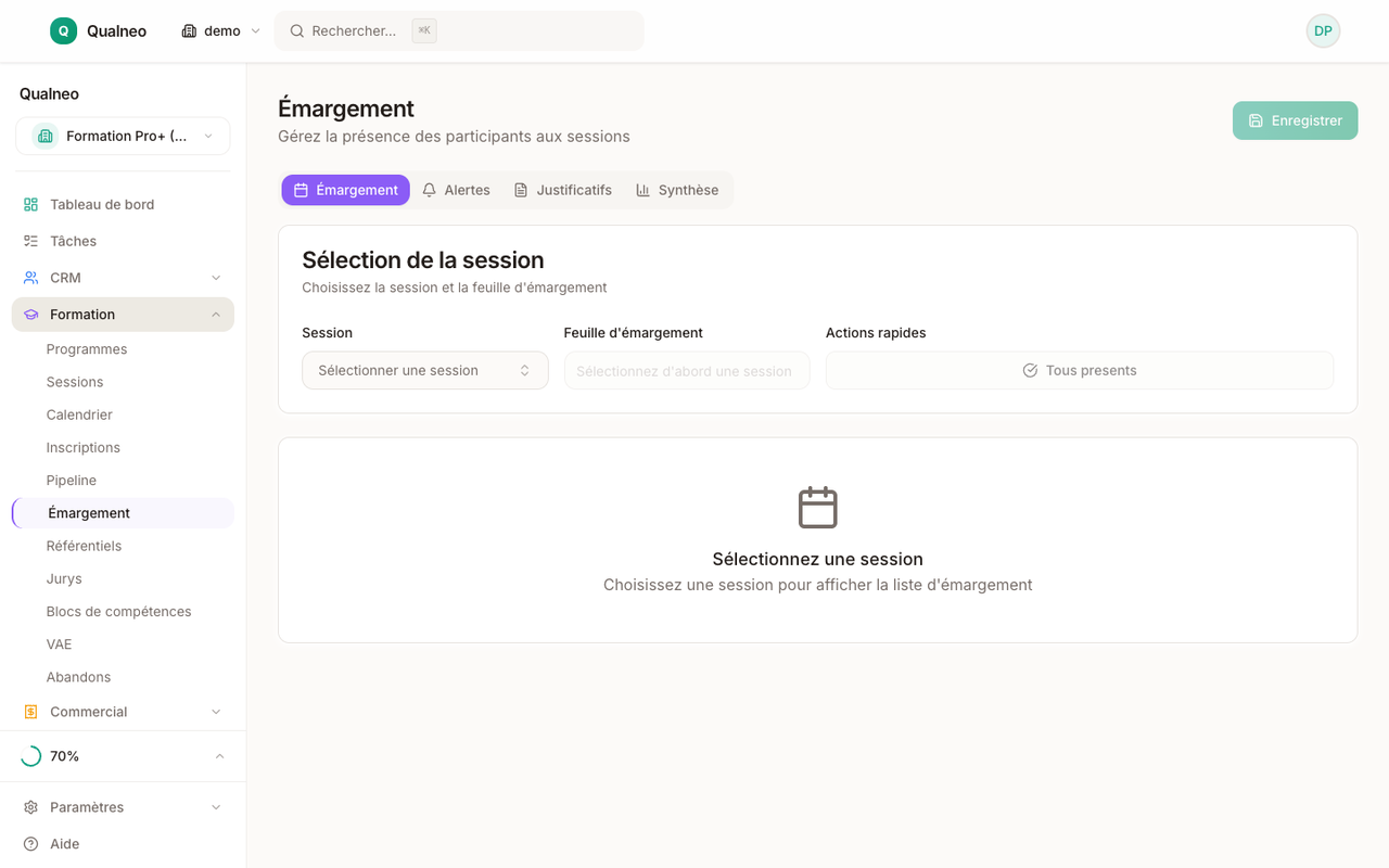 Page d'émargement numérique avec signatures électroniques des stagiaires