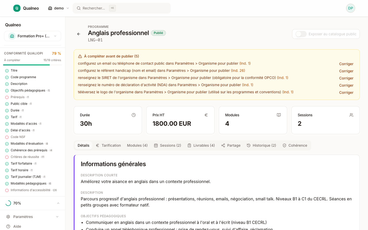 Programme de formation versionné avec objectifs, modules et prérequis