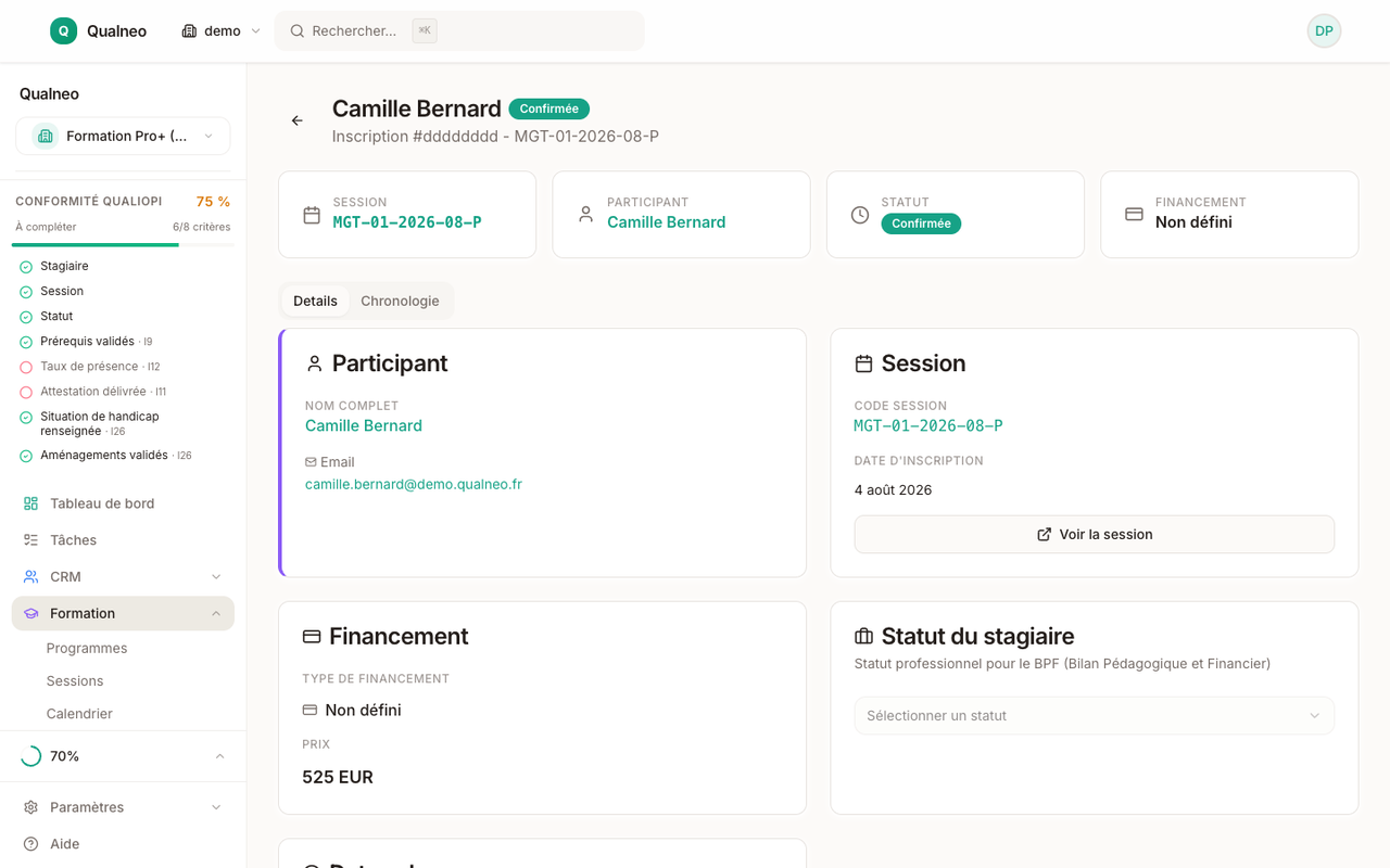Détail d'une inscription — parcours stagiaire, preuves Qualiopi automatiques