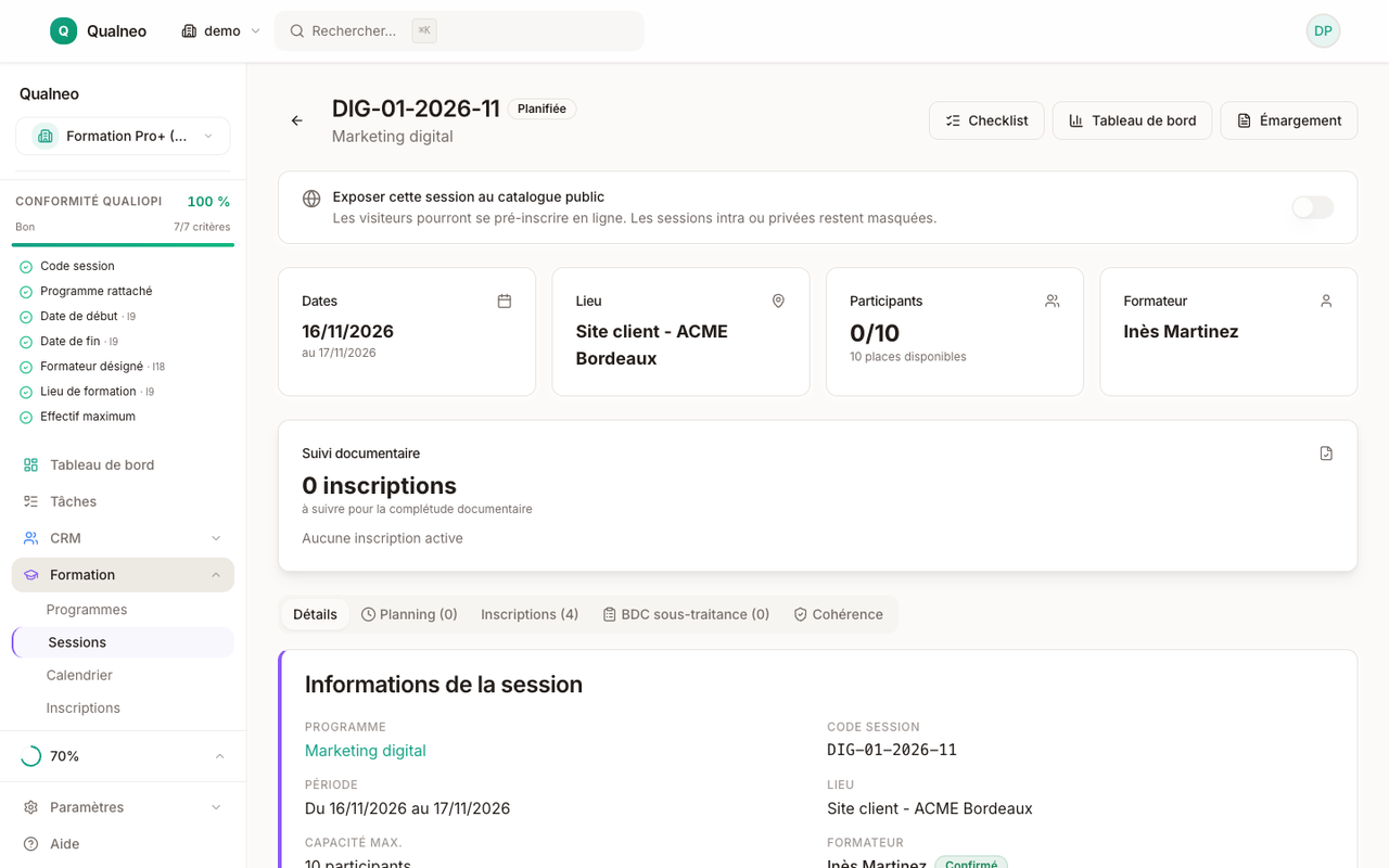 Détail d'une session de formation avec programme, formateur et stagiaires inscrits